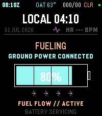 Fueling mode: ground power connected, a battery tank filled to 80 percent, and the status line fuel flow active.