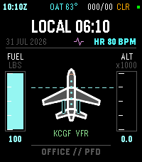 Office mode: Zulu and local time, date, a full fuel tape, an empty altitude tape, an aircraft planform and the METAR readout KCGF VFR.