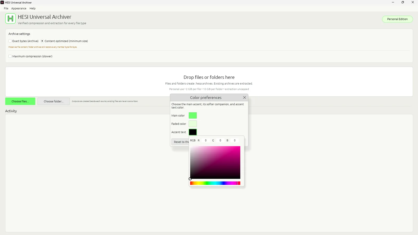 HESI's color preferences dialog, with the app recolored green.