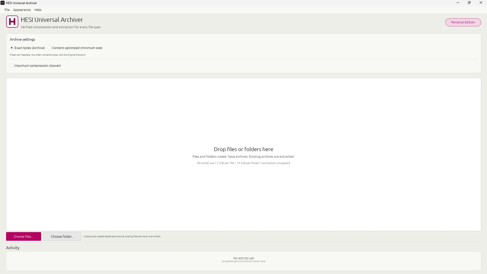 HESI's main window in light mode: archive settings at the top, a large drop area, and Choose files and Choose folder buttons.