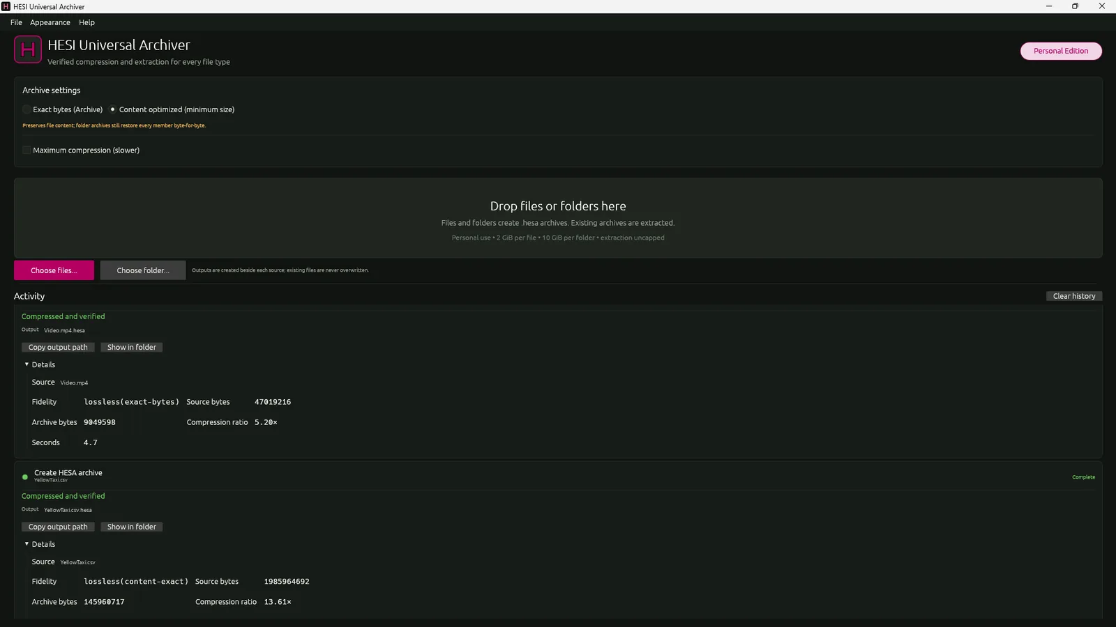 HESI Universal Archiver showing a verified 13.61 times compression.