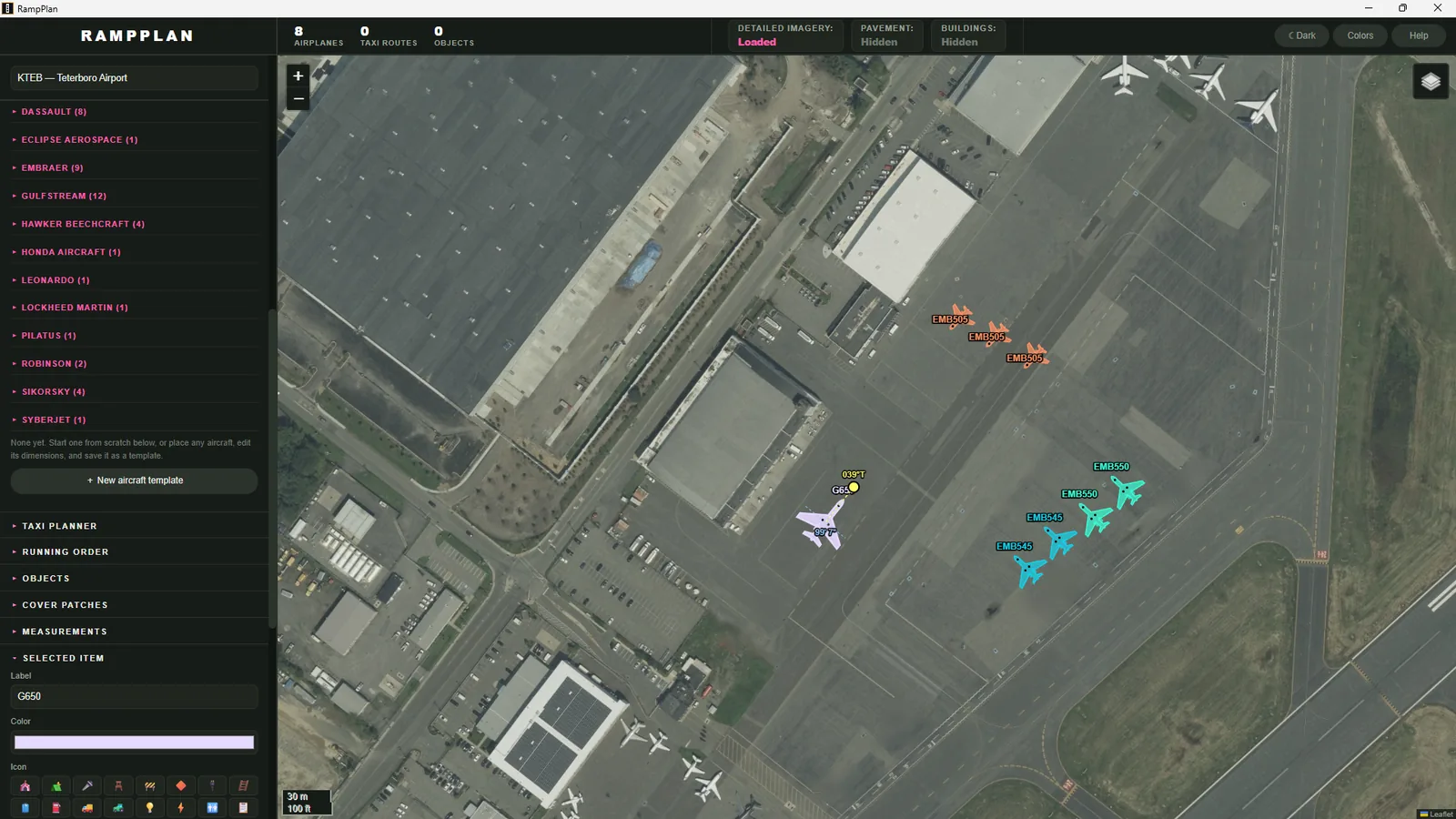 Eight aircraft placed on the ramp, with the aircraft library grouped by manufacturer.