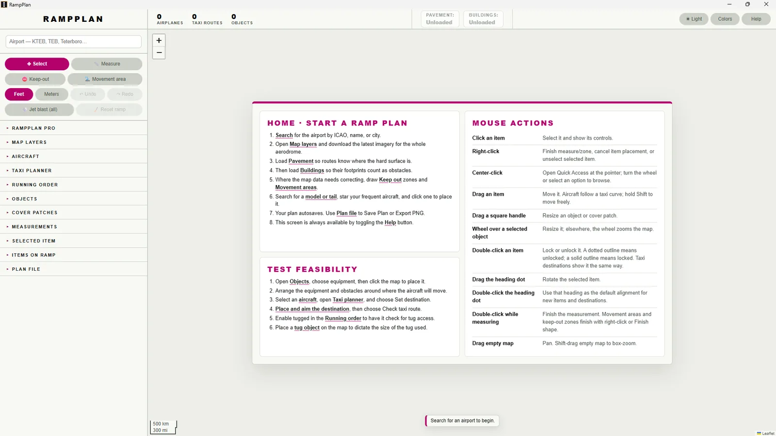 RampPlan's start screen: a step-by-step guide and a table of mouse actions.