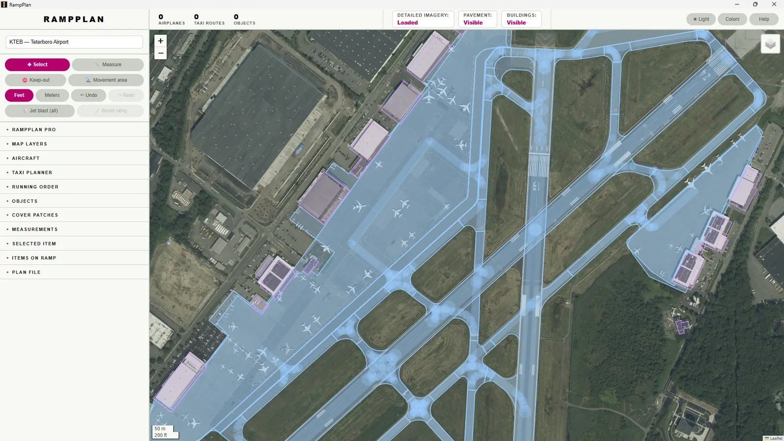 Teterboro with pavement shaded blue and building footprints outlined in purple.
