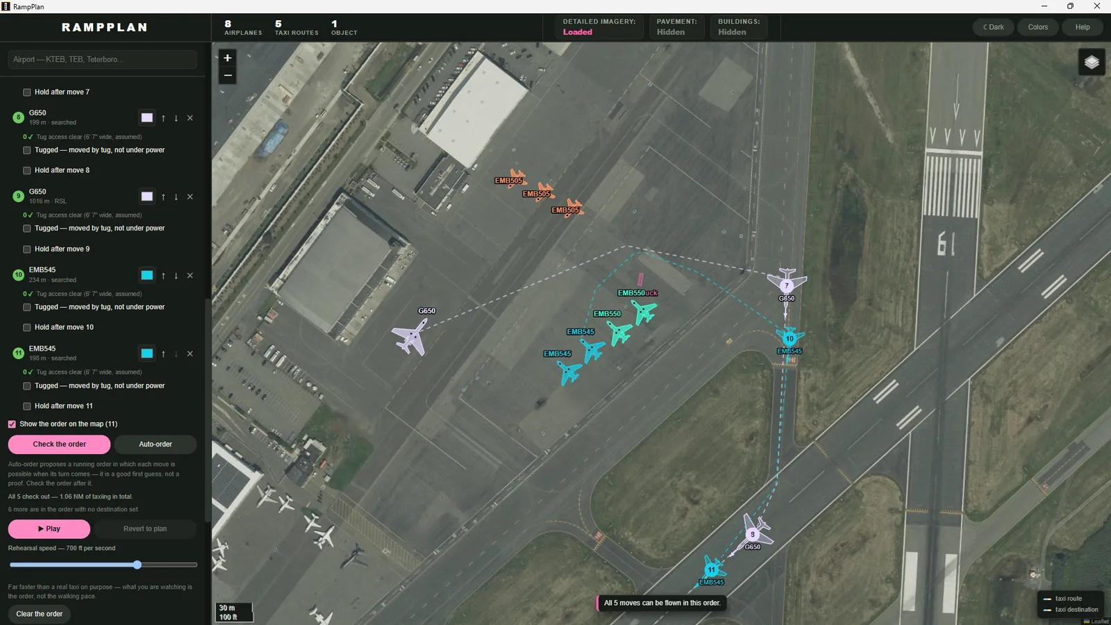 RampPlan at Teterboro: the running order panel and rehearsal control beside five verified taxi routes.
